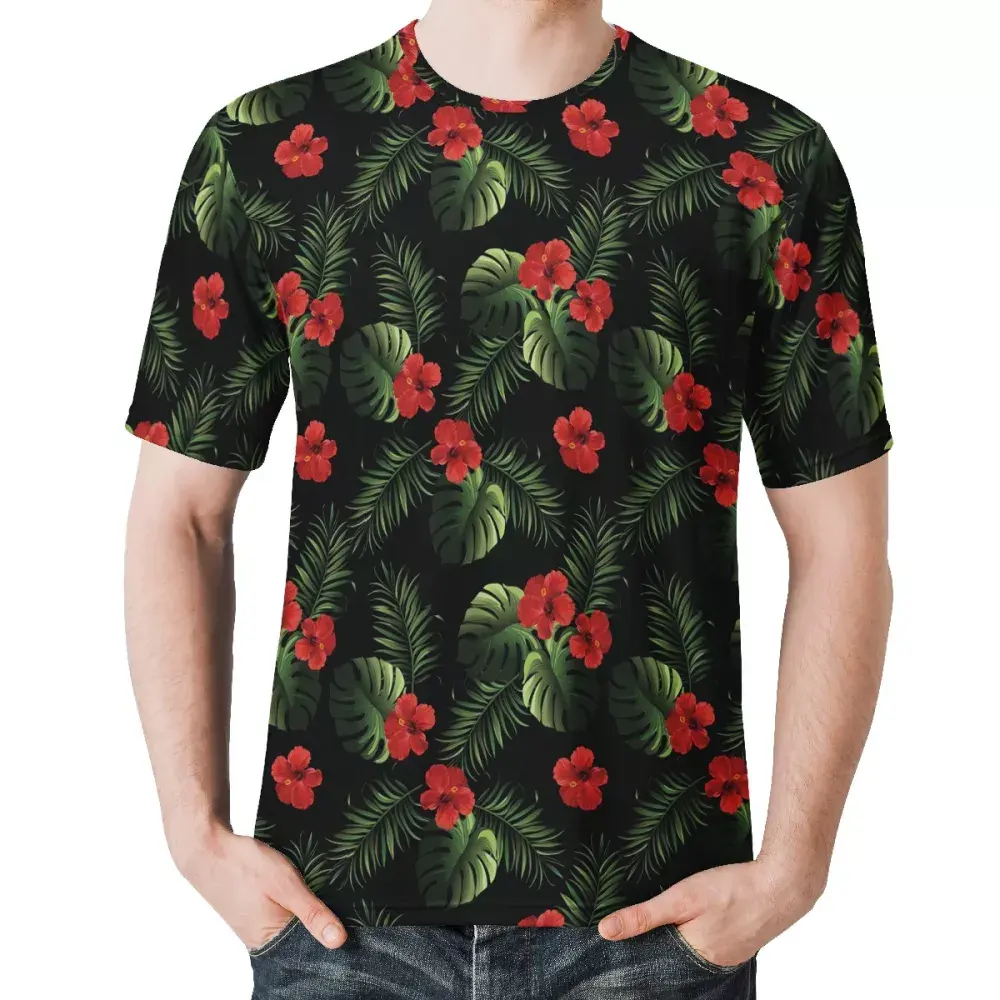 Monstera leaf Polynesian Tribal hibiscus HD print men T Shirt Short Sleeve luxury design Hawaii Round neck T Shirt Palm leaf