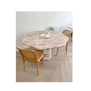 Table basse en marbre rose naturel norvégien avec veines grises, design de table à thé, table ronde en marbre, plateau de bureau ovale - Product Image 2