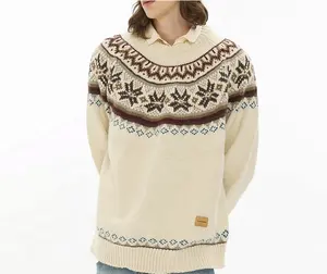 Custom New Vintage Color Men's Jacquard Pullover Sweater Loose Fit Casual Round Neck Knitted Sweater