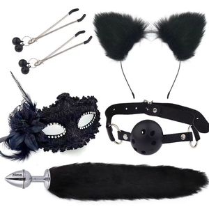 Coloré 5 pièces Anal Plug ensemble avec lapin oreille cache-oeil bouche boule mamelon Clips tour de cou Anal Plug Bondage ensembles Sex Toy pour les femmes - Product Image 3