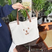 Lamm wolle Handtasche Teddybär Einkaufstaschen mit Leder griff zu benutzer definierten OEM Tote maßge schneiderte bestickte Tasche