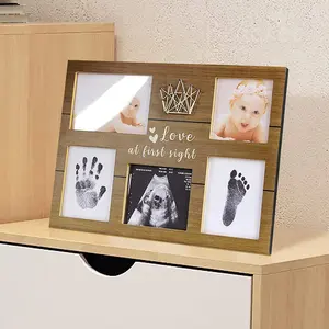 Baby Handprint Footprint Keepsake Kit and Newborn Picture Brown Nursery Decorative Wood Frame Kit with No-Clean Print Pad