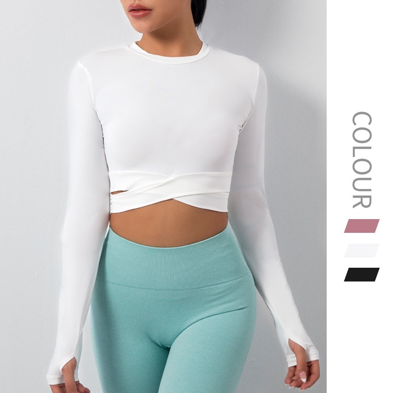 Custom Sportswear Women's Long-sleeve T-shirt Solid Cross-cut Navel-exposing Yoga Wear Running Polyester/Nylon Quick Dry T Shirt
