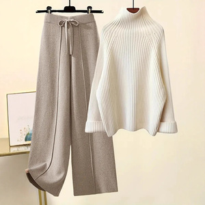 Women's Loose High Neck Knit <b>Sweater</b> Wide Leg Pants <b>Set</b> Solid Color Wool Blend Breathable Autumn Wear - Product Image 1