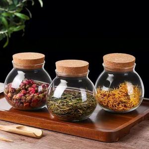 Récipient en verre transparent moderne, design rond, avec bouchon en liège pour fruits secs et thé, utilisation en cuisine pour le stockage des aliments - Product Image 1