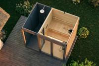 Cabine de sauna extérieure de style nordique, maison de sauna en bois foncé avec zone de refroidissement intégrée
