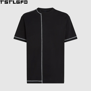 เสื้อยืดคัตเซว ซิกแซก คอนทราสต์สติทช์ สีดำ คอกลม สตรีทแวร์ Y2K ลำลอง ขายส่ง โรงงาน ผลิตจำนวนมาก ผ้าฝ้าย 100% เป็นมิตรกับสิ่งแวดล้อม - Product Image 4