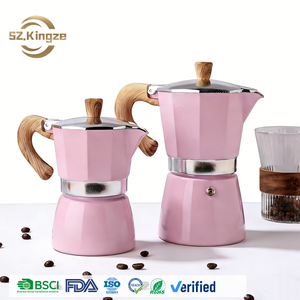 เครื่องชงกาแฟเอสเปรสโซแบบพกพา Kingze ขนาด 150 มล. 300 มล. ใช้บนเตา ด้ามจับไม้ อะลูมิเนียม สีชมพู แบบอิตาเลียน - Product Image 1