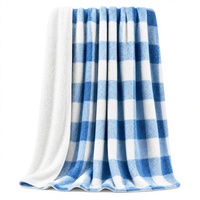 Plaid de luxe réversible en flanelle imprimée et sherpa, double couche, motif pied-de-poule bleu premium, chaud, pour l'hiver, la maison et la décoration de lit, toutes tailles