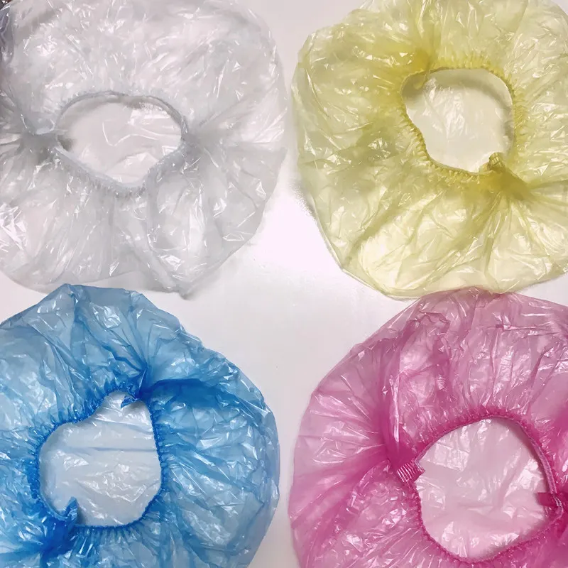 マルチカラーオプション100個個別包装42CM厚手のプラスチックシャワーキャップ女性スパ用防水シャワーヘアキャップ