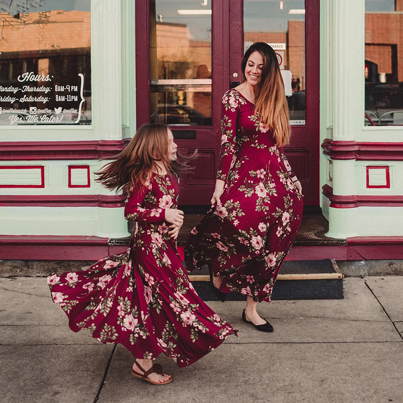 chinese dress ladies Shop Wine Colored Maxi Matching Mommy and Me Dresses - Lace Mother Daughter A Line Dress in Burgundy Color main image 0