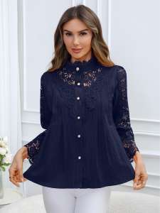 เสื้อเชิ้ตผู้หญิงแบบลำลองสำหรับใส่ทำงาน ตกแต่งด้วยลูกไม้ แขนยาว ผ้าถัก ทรงปกติ ซักได้ เหมาะสำหรับฤดูใบไม้ผลิ/ฤดูร้อน ฤดูใบไม้ร่วง - Product Image 2