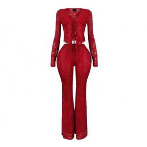 2025 Europa y América ropa de mujer Sexy con cordones cárdigan hueco camisa de encaje de manga larga pantalones de encaje conjunto de dos piezas - Product Image 4