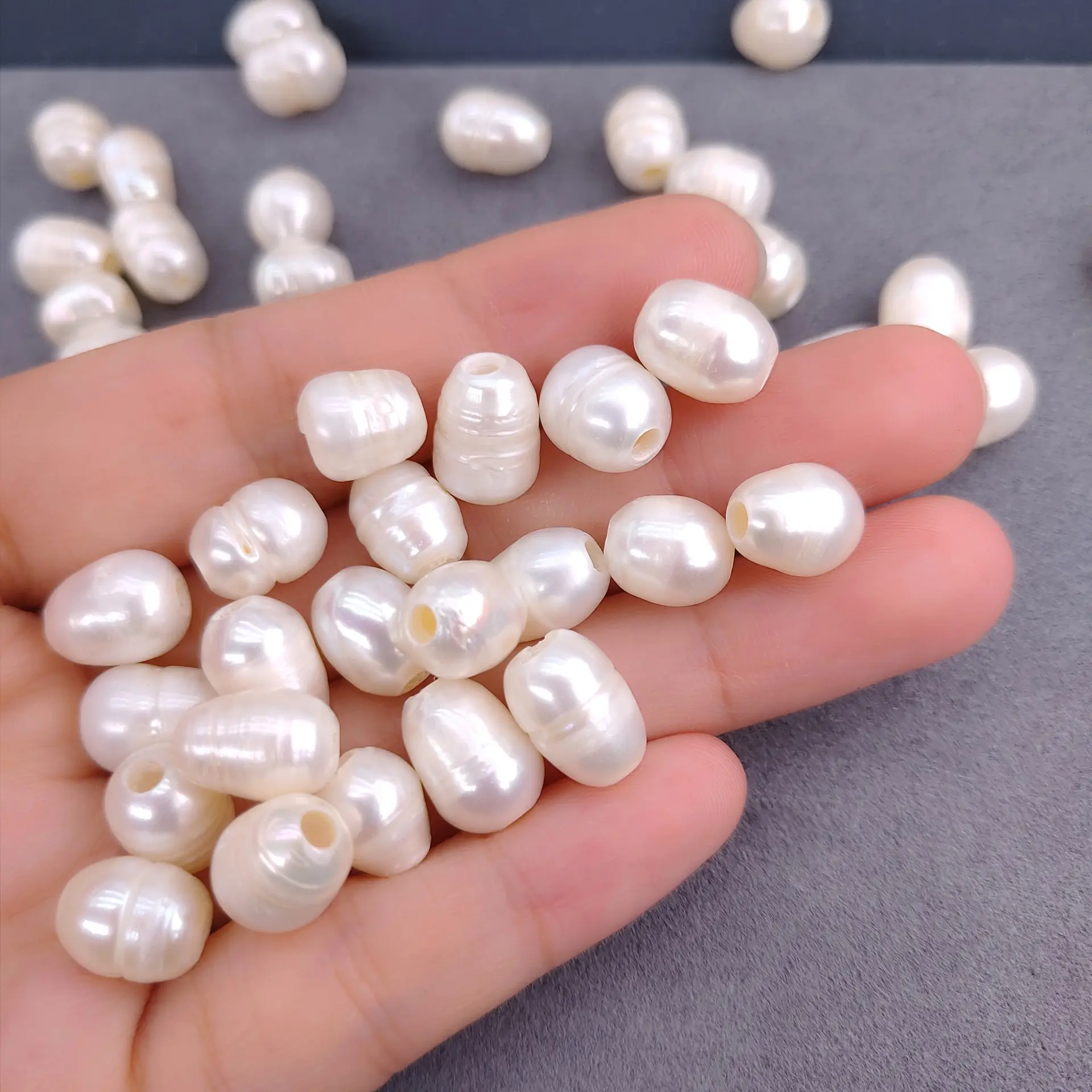 Low Price 7-9mm 2mm Hole Rice Shape Natural Freshwater Real Baroque Pearl For Jewelry Making