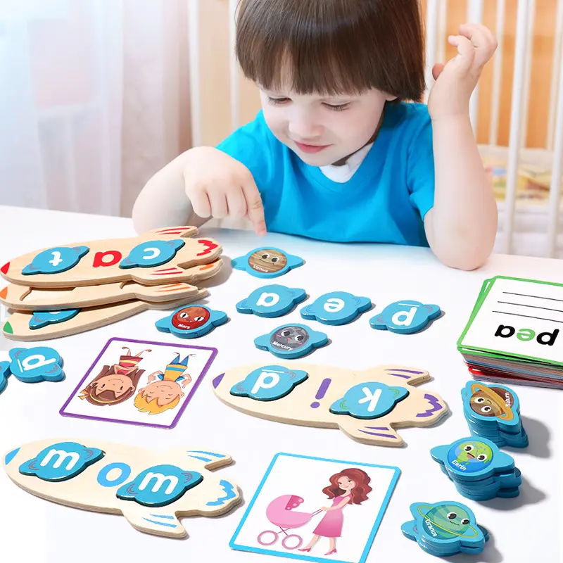 Hölzerner kurzer Vokal, der Buchstaben rechtschreib visuelles Karteikarten-Montessori-Kinderpuzzle-Wort rätsels pielzeug liest