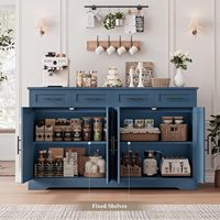 Buffet de cuisine bleu haut avec 4 tiroirs, grand meuble de bar à café, table de buffet moderne pour salle à manger et salon