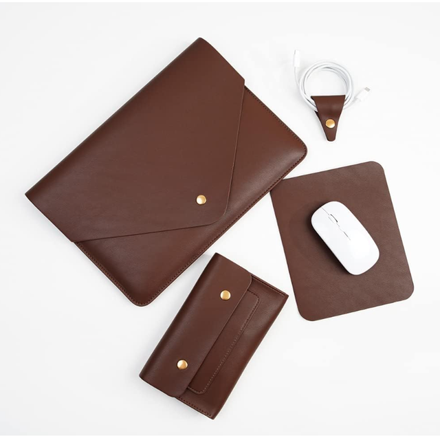 YY Factory Custom PU Leather Laptop Sleeve Modern 13 Inch 14 Inch 15 Inch with Small Pouch Durable Mouse Pad Cord Organizer