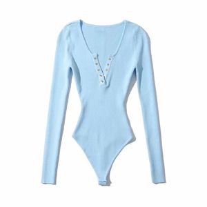 Combinaison moulante sexy à manches longues pour <span class=keywords><strong>femme</strong></span>, col en V, boutonnée, tricotée - Product Image 6