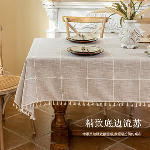 Sk Large Check Cotton <b>Linen</b> Tassel <b>Tablecloth</b> Rectangular Home Decor Printed Fabric China Made - Product Image 1