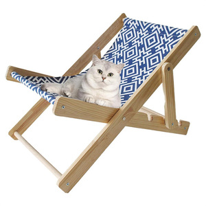 <b>Adjustable</b> Cat Lounger Solid Wood Rectangle Pet <b>Bed</b> With Blue Patterned Cushion For Indoor Cats - Product Image 1