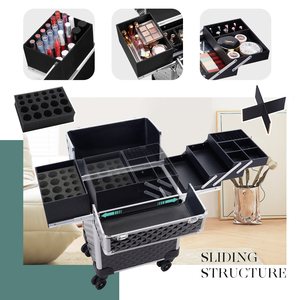<b>Large</b> Cosmetic Trolley Storage with <b>Sliding</b> Rail Removable Middle Layer 4 Tray Rolling Makeup Case for Cosmetologist Nail Tech - Product Image 3