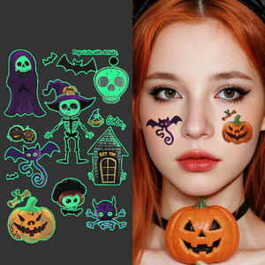 Tatuaggi temporanei di Halloween adesivi per il viso di Halloween Glow-in-the-Dark zucca Reaper teschio cartone animato tatuaggio impermeabile per il braccio del viso - Product Image 1