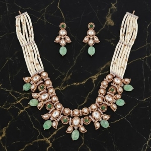 925 <b>Silver</b> Necklace Set for Women Traditional Indian Jewelry Green White Beads Kundan Work Earrings Set - Product Image 2