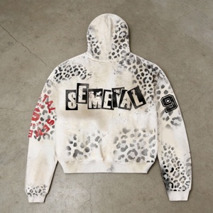 Sudadera con capucha de algodón grueso con cremallera, estilo oversize, estampado de leopardo, lavado ácido, desgastada, personalizada para hombre - Product Image 2
