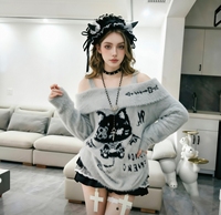 Gothic Y2K Off-Shoulder Flauschiger Pullover mit süßem Katzenmotiv, weicher Strickpullover, Alt-Ästhetik, warmer Winterpullover für Damen