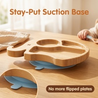 Assiette pour enfants en bambou naturel en forme d'éléphant à 3 compartiments avec base d'aspiration en silicone bleu clair, plateau d'alimentation pour enfants