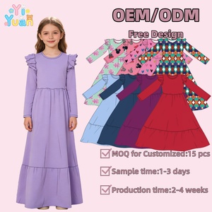 Abito per Bambine OEM, Vestito Casual a Maniche Lunghe in Tinta Unita, Abito Maxi in Cotone con Spalle Arricciate e Tasche - Product Image 1