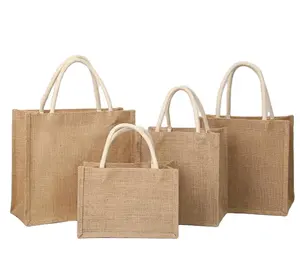 Gepersonaliseerde Groothandel In Voorraad Snelle Levering Milieuvriendelijke Katoenen Touw Handvat Effen Jute Jute Tas Boodschappentas Met Multi-Size