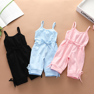Qingli Jumpsuit anak perempuan musim panas dengan busur kasual katun bahu terbuka atasan Suspender manis grosir untuk anak-anak Romper rajut - Product Image 1