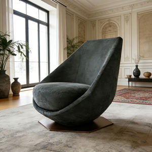 Fauteuil de loisirs individuel enveloppant de style sculptural moderne en forme d'œuf, avec base en fibre de verre et revêtement en cuir suédé - Product Image 3