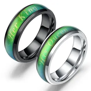 Stainless Steel Temperature sensing King Queen Ring For Men Women Couple Jewelry R014