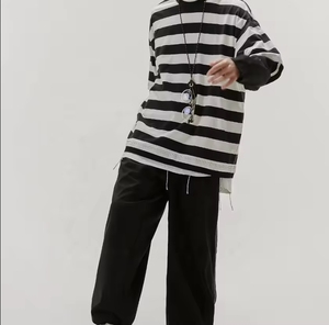 T-Shirt a Maniche Lunghe da Uomo con Stampa Digitale a Righe, Stile Hip Hop Casual, Bianco <span class=keywords><strong>e</strong></span> Nero, in Maglia a Doppio Strato, 100% Cotone - Product Image 3