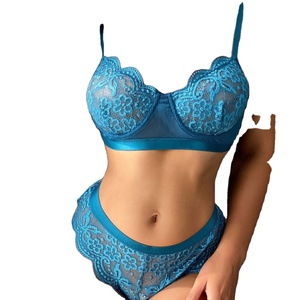 Ensemble de lingerie en dentelle bleu 2 pièces de haute qualité, soutien-gorge push-up transparent à armatures et string pour femme - Product Image 1