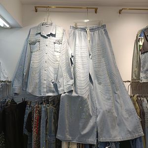JM-Large-size Diamond-<strong>studded</strong> Washed Denim <strong>Blouse</strong> for Women - New High-end Wide-leg Denim Pants Set - Product Image 3