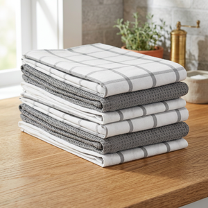 Serviettes de cuisine en coton écologiques à carreaux, rectangulaires, tissées, gris et blanc, lavables en machine, séchage rapide - Product Image 1