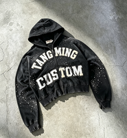 Fabrication OEM de vêtements : Sweat à capuche zippé personnalisé avec broderie appliquée, épais, délavé à la pierre, coupe courte et effet usé