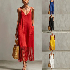 <span class=keywords><strong>Abito</strong></span> lungo da <span class=keywords><strong>donna</strong></span> boho con scollo a V e orlo con nappe, estivo casual senza maniche in <span class=keywords><strong>lino</strong></span> con tasche - Product Image 1