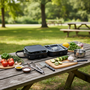 Estufa de gas plegable portátil de dos quemadores para acampar al aire libre Cocina de carne de calentamiento rápido de alta calidad y eficiente energéticamente - Product Image 1