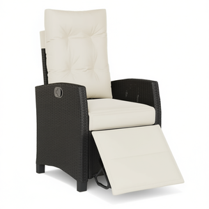 Chaise de patio inclinable en polyrotin noir avec repose-pieds, coussin crème, chaise de jardin d'extérieur, style contemporain - Product Image 1