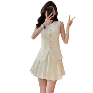 Women's Two Piece Suit Set Pink Blazer Vest Pleated Midi Skirt Solid Color Slim Fit Polyester Fabric - Product Image 5