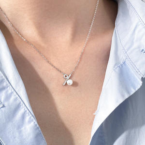 Collar de Plata de Ley S925 para Mujer Wenchi, Cadena de Clavícula con Perlas Sintéticas Curvadas, Estilo Ins, Cadena Geométrica Figaro, Cadena de Caja, China - Product Image 2