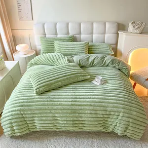 Winter warm green milk fleece quilt cover king size solid color pillow cover bedding sets supplier