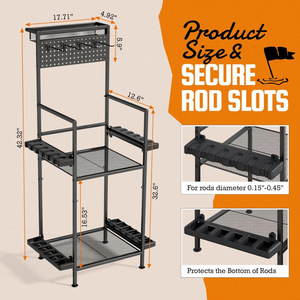 Estante de almacenamiento para cañas de pescar con tablero perforado y cesta de malla metálica; organizador vertical para aparejos de pesca. - Product Image 2