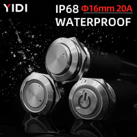 Interruptor de botón pulsador LED de latón y acero inoxidable de 16 mm, IP68, impermeable, 20A 250V, alta corriente, con retención y momentáneo, bola plana