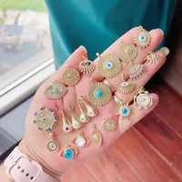 Charme rond en coquillage turc bleu mauvais œil, plaqué or véritable 18 carats, accessoires de bijoux collier bracelet fournitures S73