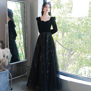 Black Evening Gown Sweetheart Neckline Long Sleeve Elegant For Banquet Art Exam 2026 Spring Dress - Product Image 1
